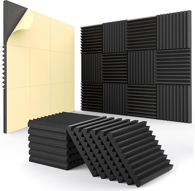 48 Pack Sound Proof Foam Panels for Walls,1" X 12" X 12"Self-Adhesive Foam Acoustic Panels Sound Absorbing,High Density Quick-Recovery Soundproof Wall Panels,Black