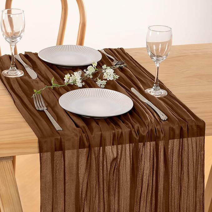 MLMC 3 Pack Brown Table Runner 10ft Boho Rustic Gauze Coffee Cheesecloth Table Runner Neutral Winter Decor 35x120 Inches for Wedding Bridal Shower Reception Party Decor
