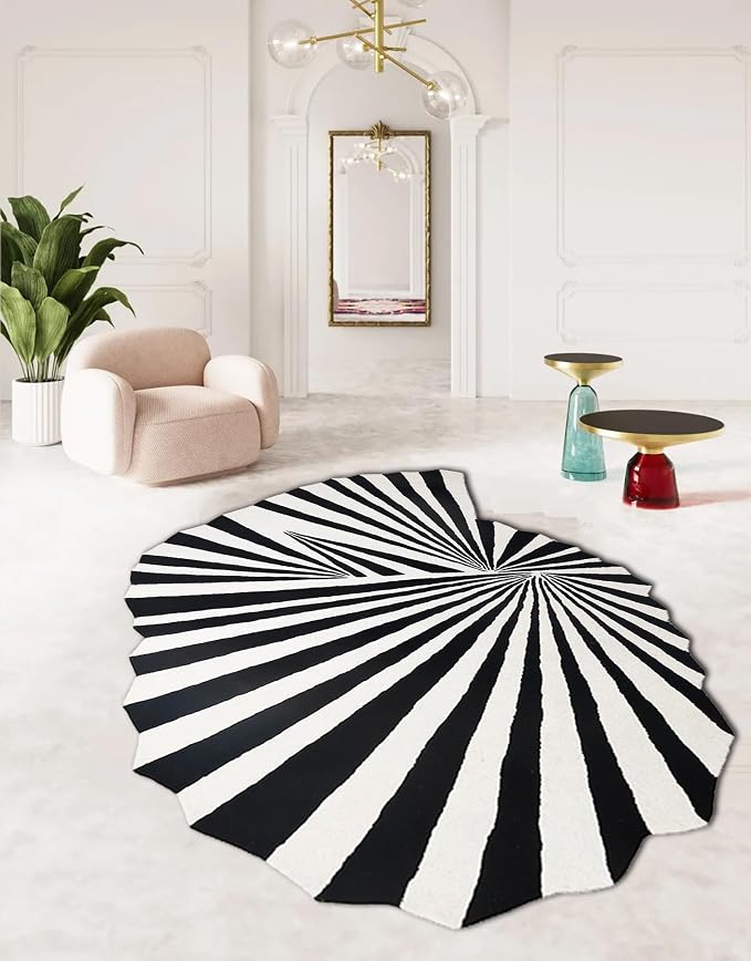 Black and White Striped Irregular Shaped Area Rug for Living Room Dining Room Bedroom Indoor Washable Rugs Modern Abstract Optical Art Meetingroom Home Office Lightweight Soft Shaggy Carpet 8x10