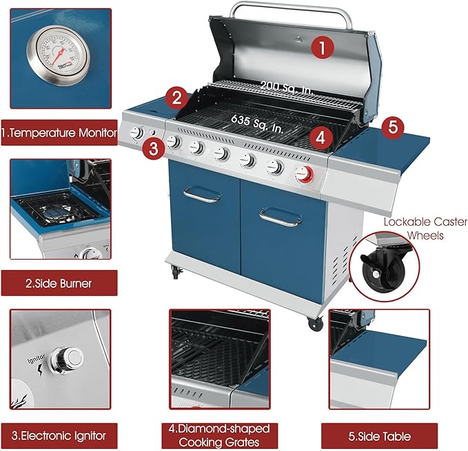 Royal Gourmet GA6402B 6 Burner Propane Gas Grill with Side Burner and Warming Rack, 74,000 BTUs, Cabinet Style Gas BBQ Grill for Barbecue Grilling & Backyard Cooking, Blue
