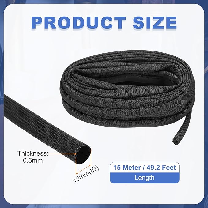 uxcell Insulation Cable Protector,12mm/0.5 Inch-15m/49 Feet High Temp Fiberglass Sleeve Black