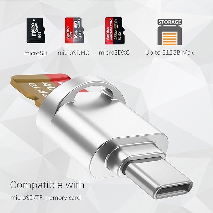 USB C Micro SD Card Reader for Android Phone, Camera, Laptop with Keychain, Mini Metal Type-C Card Reader (Shiny Silver)