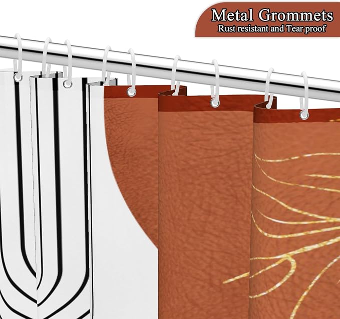 Mid Century Boho Shower Curtain, Abstract Modern Sun Minimalist Aesthetic Shower Curtain, Bohemian Geometric Arch Curve Leaves Neutral Art Fabric Bathroom Curtain Orange 72x72 inch