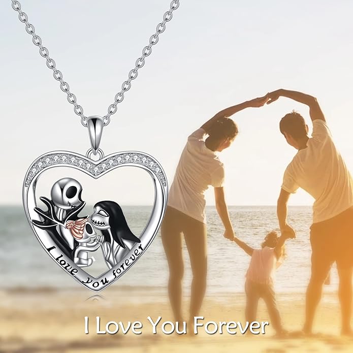 LILALO Christmas Gifts Nightmare Necklace Sterling Silver Abalone Shell Crystal Jack and Sally Necklace Jack Skellington Skull Jewelry Skull Necklaces for Women