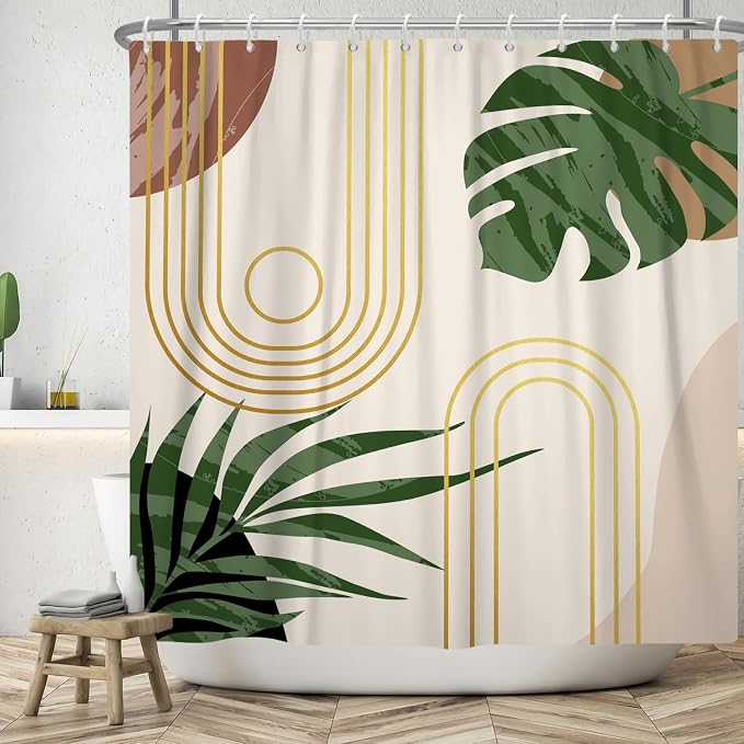 Boho Sage Green Shower Curtain Bohemian Mid Century Geometric Abstract Curve Bathroom Curtain Palm Leaf Polyester Shower Curtain Sets for Bathroom Extra Long 72x96 in with 12 Hooks