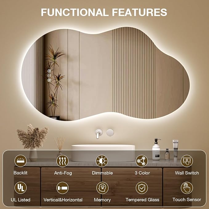 Irregular Cloud Backlit Bathroom Mirror 20x32 Inch, LED Vanity Mirror with Lights Anti-Fog, Dimmable 3 Colors, 4mm Tempered Glass, Horizontal/Vertical Wall Mount for Bathroom or Makeup Area