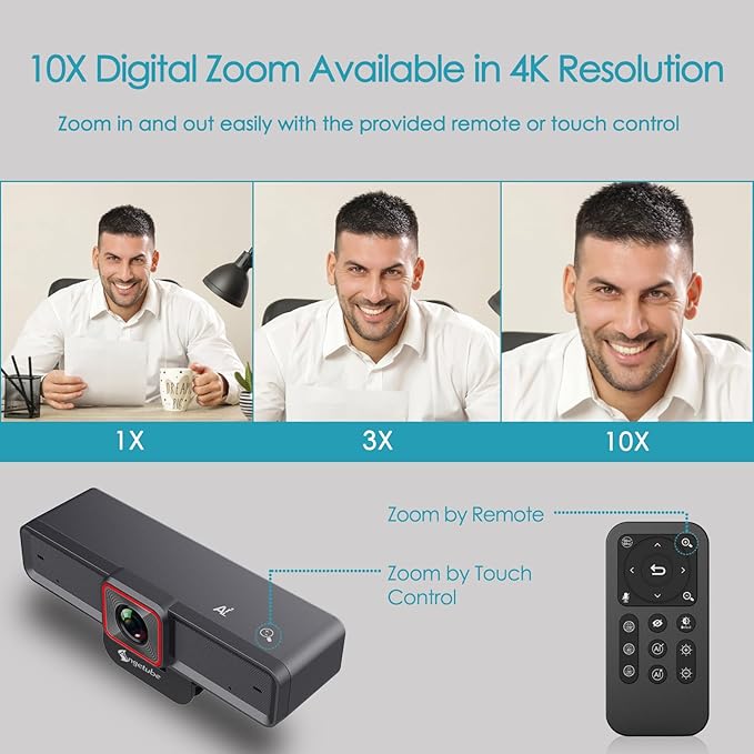 Angetube 4K AI Webcam: AI-Tracking Web Camera Dual AI Noise-Cancelling Microphones - HDR-Enabled, USB 3.0, Remote Control, Sony_Sensor, Adjutable Field of View, Work with Teams, Zoom, Webex