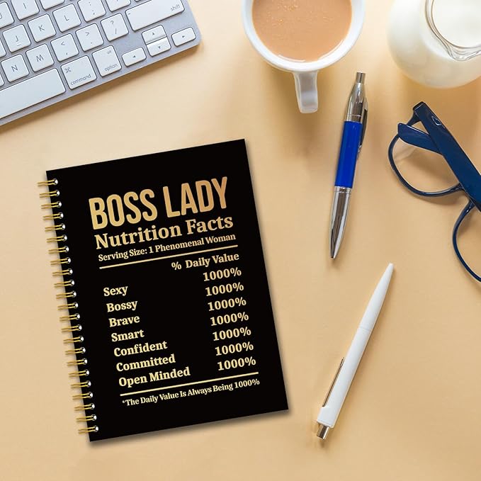 YAZMEEN Boss Lady Black Gold Spiral Notebook（160 Pages） Boss Lady Nutrition Facts Blank Hardcover Notebook Funny Thank You Gift for Girl Boss Retirement Leaving Gift for Women Boss Leader Colleague