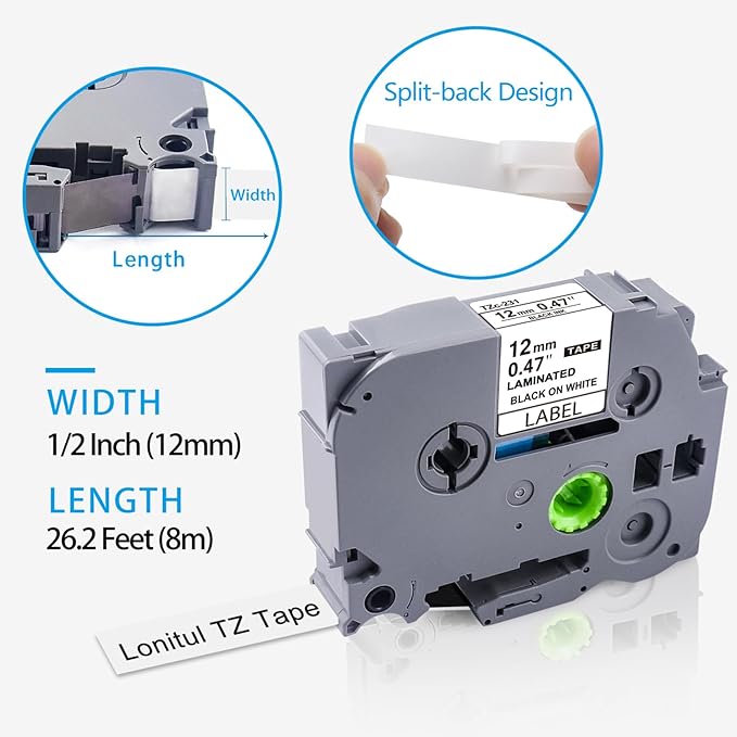 5 Multicolor TZ Tapes Replacement for Brother P Touch Label Tape TZe 12mm 0.47 Laminated Colored Tape TZe 231-735 White/Black/Red/Blue/Green for Brother Ptouch PTD210 PTP300BT PTD600 PT1280