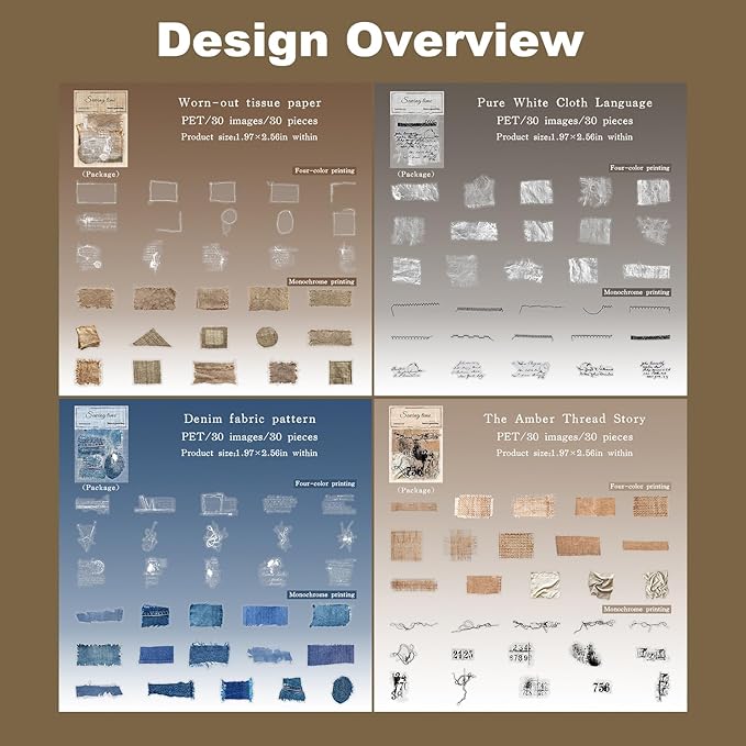 AuriicLeaf Sewing Time Fabric Patch PET Stickers Set, 120PCS Retro Cloth & Denim Pieces - Waterproof Self-Adhesive Scrapbook Junk Journal Collage Embellishments