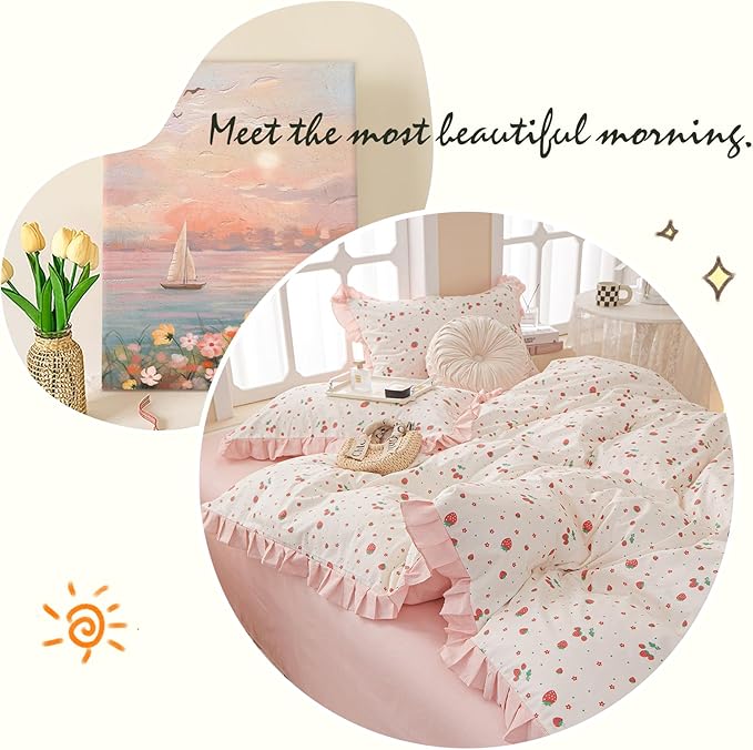 Kawaii Strawberry Comforter Set Twin XL Cute Ruffle Comforter with 2 Pillowcases White Fluffy Microfiber Kids Girls Bedding Comforter Strawberry Printed Ruffled Comforter Set Twin XL for All Seasons