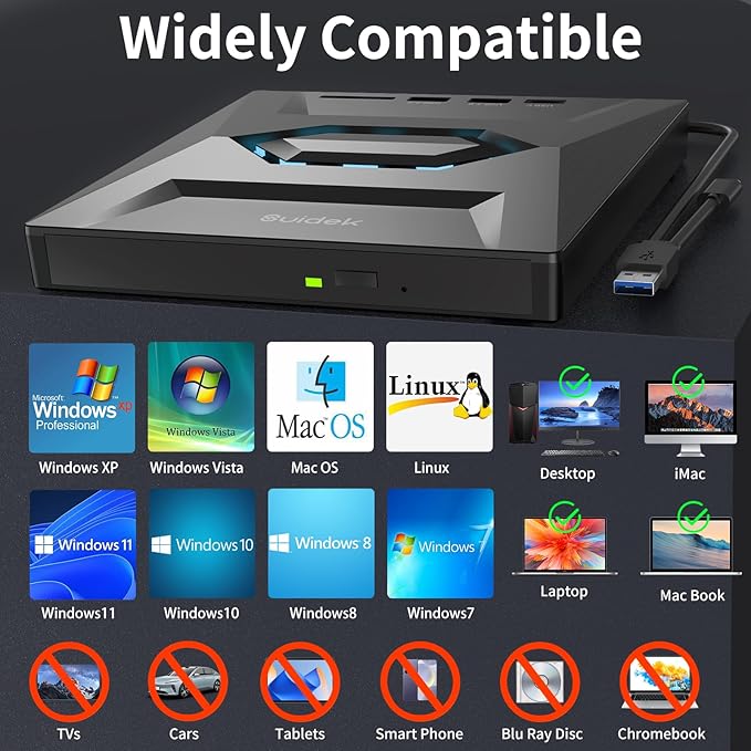 External CD DVD Drive for Laptop, USB C Portable CD/DVD +/-RW Burner DVD Player with SD Card Reader USB 3.0 Type C Hub Compatible with Laptop PC Windows Linux