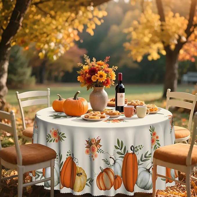 Eikione Fall Tablecloth 70Inch, Round Pumpkin Tablecloth, Thanksgiving Table Cover for Party Dining Picnic Table Decorations