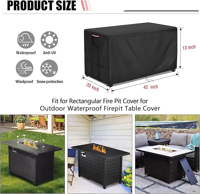 Youlvy Fire Pit Cover Rectangular 42 Inch - Waterproof Outdoor Fire Table Cover Rectangle Heavy Duty, 600D Patio Propane Gas Firepit Cover Rectangular Tear Weather Resistant - 42 x 20 x 13 Inch