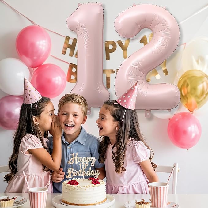 Pastel Pink 12 Balloons Number for Girls, 40'' Self Inflating Number 12 Balloon, Big Light Blush Pink Foil 1 & 2 Helium Balloon for Women Boho Coquette 21st 12th Birthday Party Anniversary Decorations