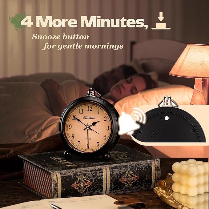 Hdisha Vintage Alarm Clock, 5 inch Battery Operated Silent Non Ticking Snooze Small Clock with Night Light, Old Fashioned Desk Clock Decor for Bedroom, Bedside, Living Room, Room (Arabic)