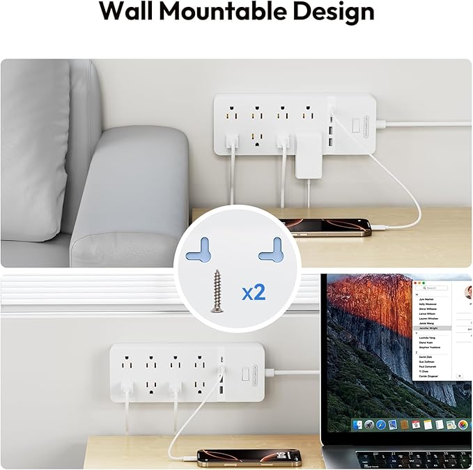 25 ft Extension Cord Flat Plug, NTONPOWER 8 Outlet Surge Protector Power Strip with USB Ports, 1080 Joules, 15A Circuit Breaker, Wall Mount for Home Office Workshop or Garage, ETL Listed, White
