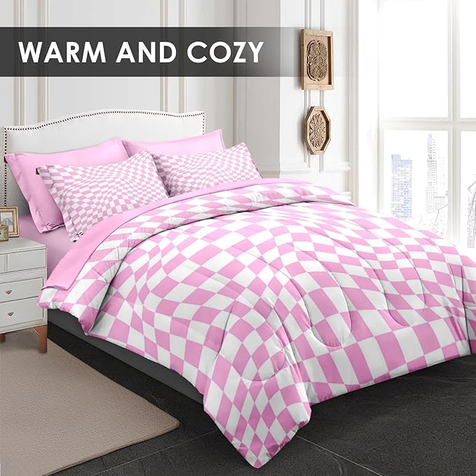 Comforter Set Full Size, Pink White Geometric Checkerboard 7 Pcs Bedding for Kids and Adults, Chess Checkered Bedding Sets with Fitted Sheet 2 Pillowcase & 2 Sham for Bedroom Bed Decor