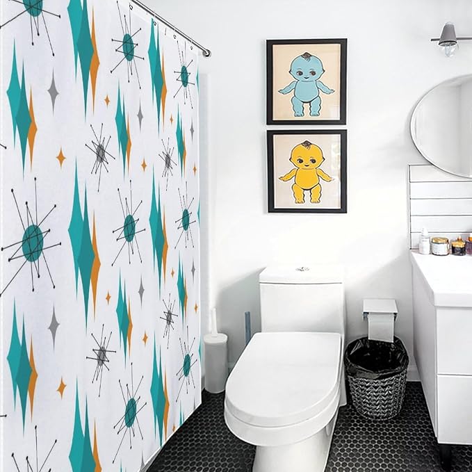 Mid Century Modern Shower Curtain for Bathroom, Teal Orange Geometric Atomic Abstract Pattern 1950s 1960s Retro Vintage Style Waterproof Fabric Shower Curtain Set with Hooks, 72"x84" Inch