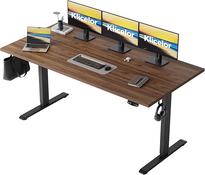 Klicelor 60 Inch Large Electric Standing Desk, Height Adjustable Office Desk, Sit Stand Up Computer Gaming Desk with Memory Preset, Two-Piece Desktop, Dark Walnut