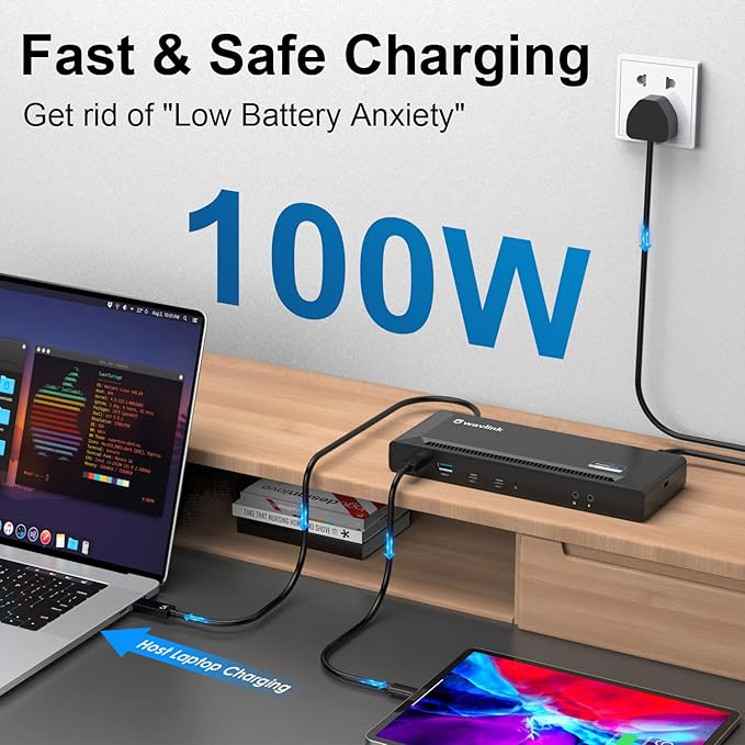 WAVLINK DisplayLink Laptop Docking Station - Dual Monitors 5K/4K@60Hz, 100W Charging - Thunderbolt 4/3, USB-C/A - M1 M2 Mac, Windows, Chrome, Ubuntu - 2HDMI, 2DP, 6 USB Ports, 130W Power, LAN, Audio