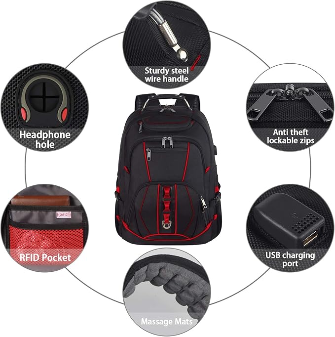 JCDOBEST Laptop Backpack, Red, 55L Capacity, TSA Approved, RFID Anti-Theft, USB Charging Port, Headphone Hole, Back Luggage Strap, Chest Strap, Laptop Backpack