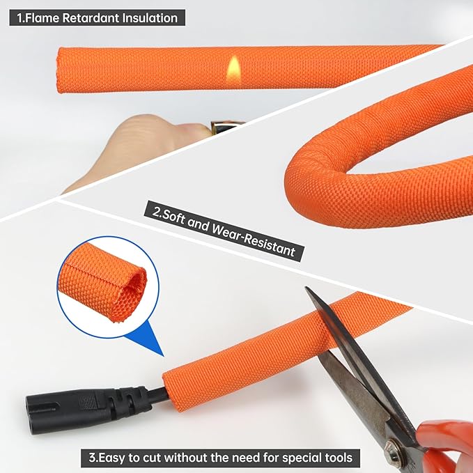 YOUBO Split Braided Cable Sleeve，Flexible Wire Loom Tubing, Automotive Cord Protector Pet Proof, Cable Management for Computer TV Electric Wires Harness 16ft (Orange, 10mm（3/8")