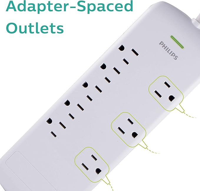 Philips 8 Outlet Power Strip Surge Protector, 8ft Extra-Long Power Cord, Flat Plug, Wall Mount, 2160 Joules, ETL Listed, Circuit Breaker, Automatic Shutdown, White, SPP3086WB/37