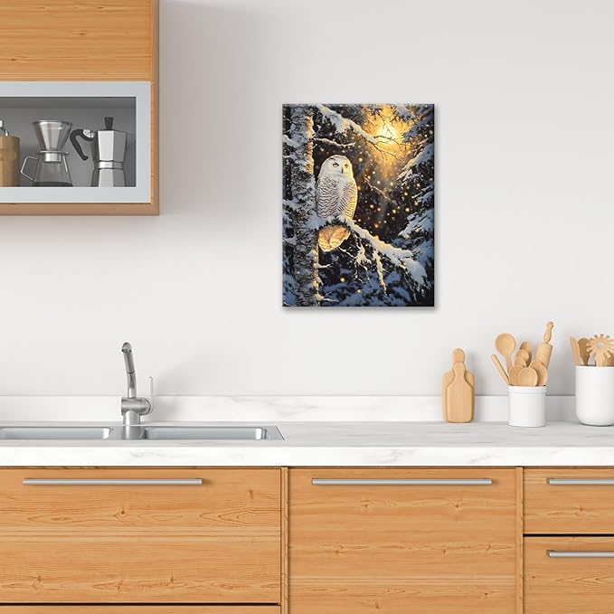 Owl Wall Art, Winter Snow Owl Pictures Wall Decor, Forest Animal Canvas Prints Painting, Framed Artwork for Bathroom Living Room Bedroom Office Dining Room 24"X20"