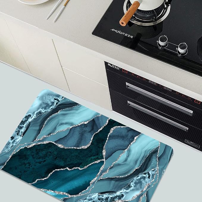 Diatomaceous Earth Bath Mat,Blue and Silver Marble Non-Slip Volume Super Absorbent Fast Drying for Bathroom Kitchen Door mat,Eco-Friendly Easy to Clean 17×27.5Inch (43 * 70cm)