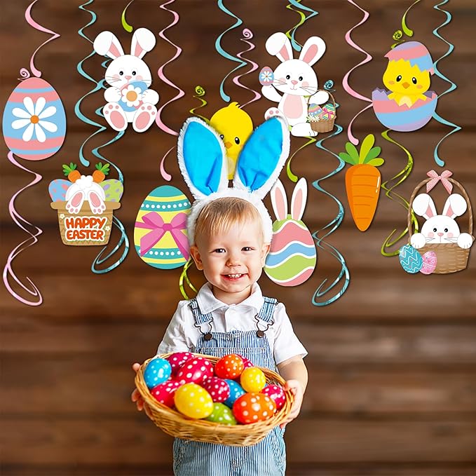 Easter Party Decorations Egg-Bunny Streamers - 16Pcs Cute Hanging Swirl Ceiling,Easter Birthday Kids Favors Gifts Supplies Spring Carrot Chicks Decor Hugtmr