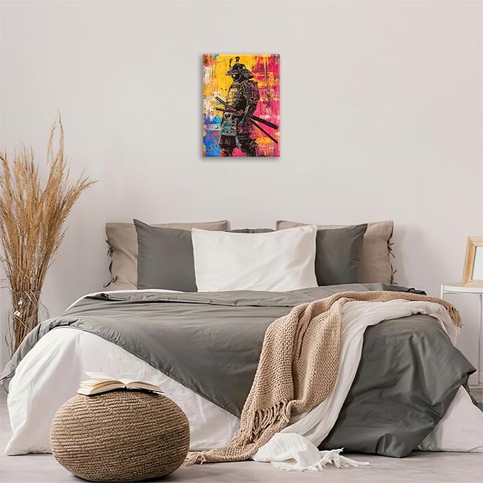 Japanese Wall Art, Graffiti Samurai Pictures Wall Decor, Banksy Samurai Canvas Prints, Japan Painting, Framed Artwork for Bathroom Living Room Bedroom Office Dining Room 24"X20"