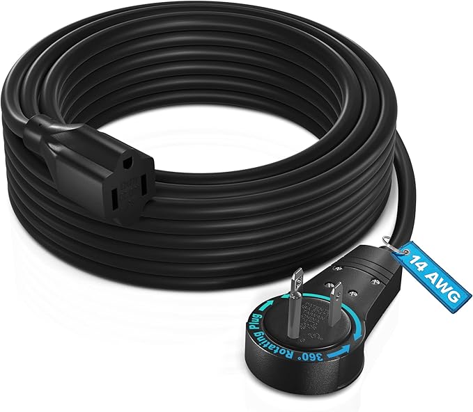 Maximm Extension Cord 30 Ft – 360° Rotating Flat Plug, 3-Prong Grounded, Heavy Duty 14AWG Wire – UL Certified, Indoor Power Cable – Ideal for Long Reach & Tight Spaces – Black