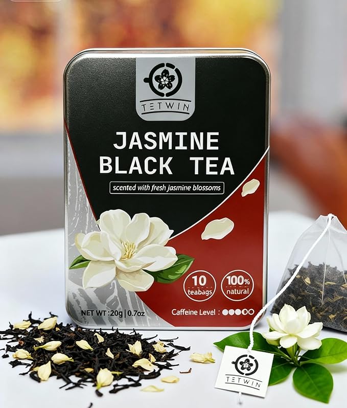 Jasmine Black Tea Bags, 3-Scented Loose Leaf in PLA teabag - Bitterness-Free, Naturally Sweet & Mellow, 10 Count Portable Tin