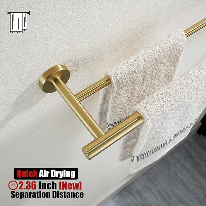 JQK Gold Double Towel Bar, 20.5 Inch 304 Stainless Steel Thicken 0.8mm Towel Rack Bathroom, Towel Holder Brushed Gold Wall Mount, Useable Length 18 Inch 2 Pack, TB100L18-BG-P2