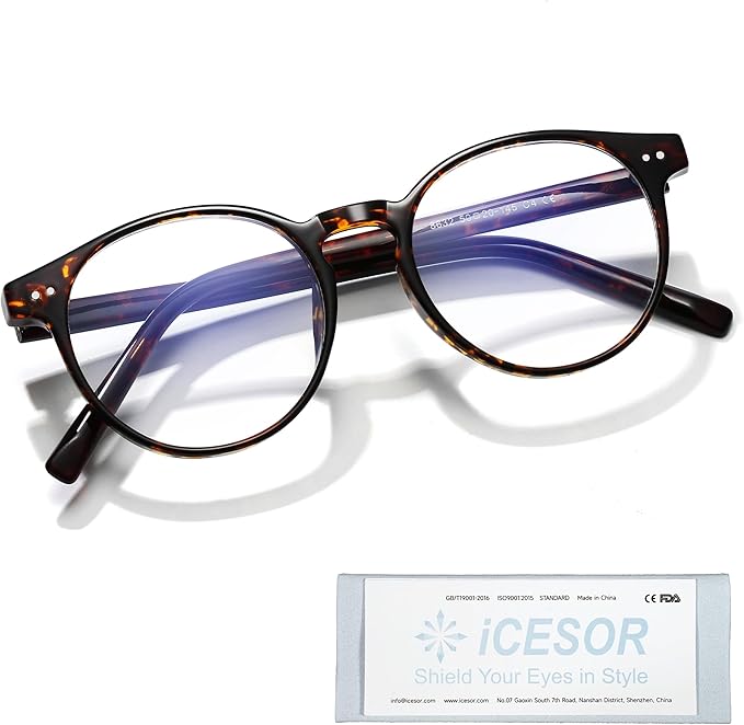 Icesor Round Blue Light Blocking Glasses Lightweight Chic Frame Anti Eye Strain Protection Computer Gaming for Women and Men