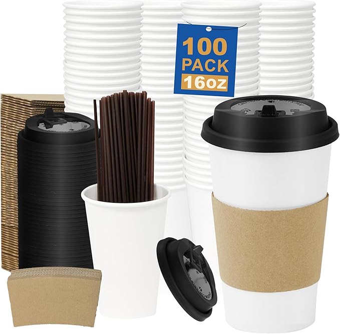 Coolcap 16 oz 100 Pack Coffee Cups with Lids and Sleeves, Straws, Hot Disposable To Go Travel Paper Cups Bulk for Office, Home Coffee Bar Accessories, Chocolate, Cocoa, Beverage (White)