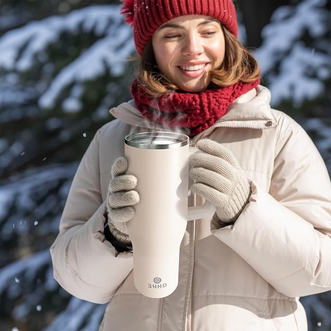 34HD 40 oz Stainless Steel Tumbler - Leakproof Insulated Water Bottle with Handle, Magnetic Lid and Flexible Straw - Iced for 48 Hours – Perfect for Men, Women, Birthday Gift, White - Vanilla Cloud