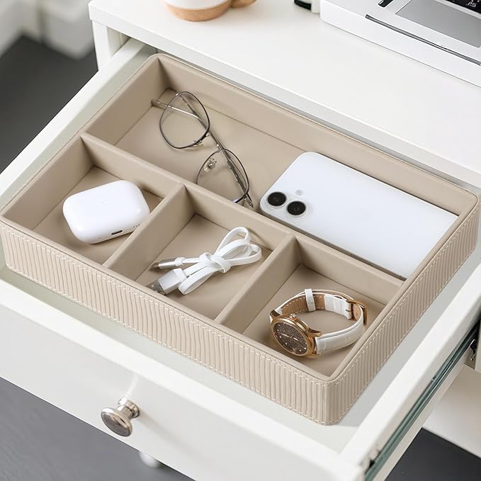 NICLNGSH PU Leather Valet Tray, Decorative Trinket Vanity Desk Drawer Organizer Tray, Perfume Dish Catch All Bowl for Keys, Nightstand Drawer Organizer Women Men with 4 Compartments (Beige)