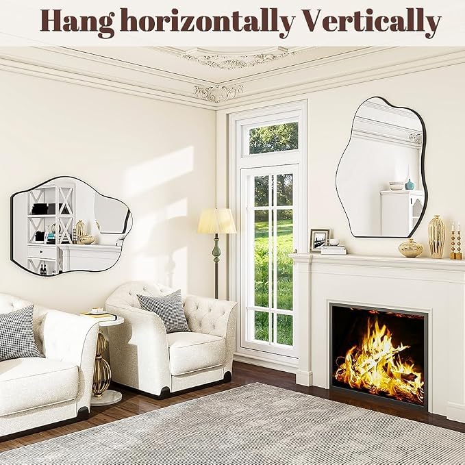 BEAUTYPEAK Asymmetrical Mirror, 22 x 32 Inches Irregular Wall Mirror, Wood Frame Unique Shape Wall Mounted, Decorative for Living Room Bedroom Entryway Hallway