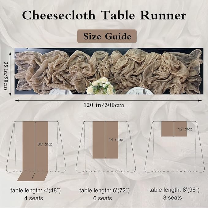 Booque Valley Nude Cheesecloth Table Runner 120 Inch 10ft Super Soft Boho Wrinkled Gauze Sheer Cloth for Baby Shower Birthday Bridal Shower Wedding Centerpiece Table Decoration, 1 Pack , Tan