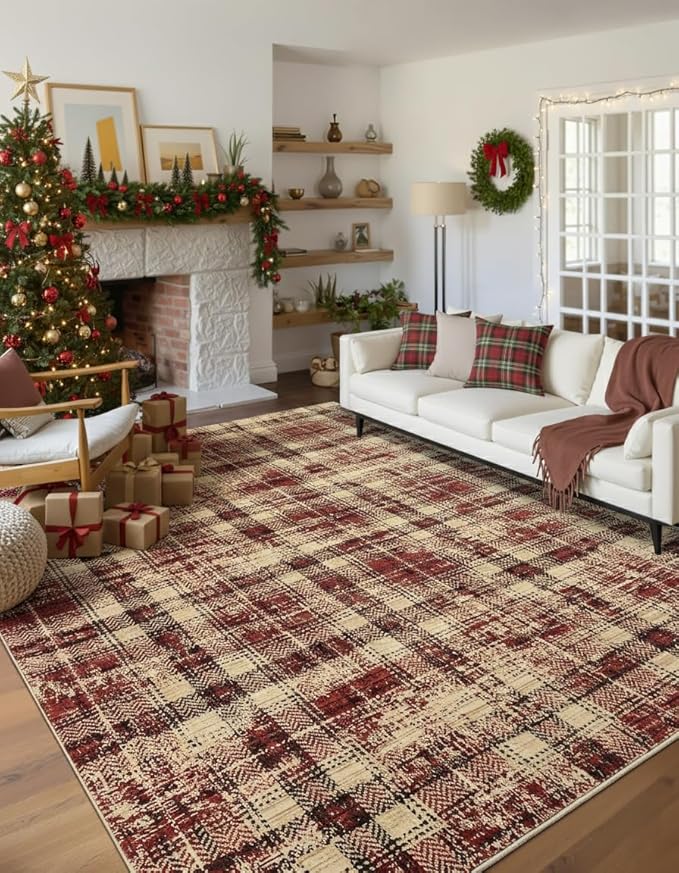 Washable Rugs 8x10 Rug for Living Room Bedroom Rug Modern Plaid Area Rug Soft Carpet 8'x10' Red