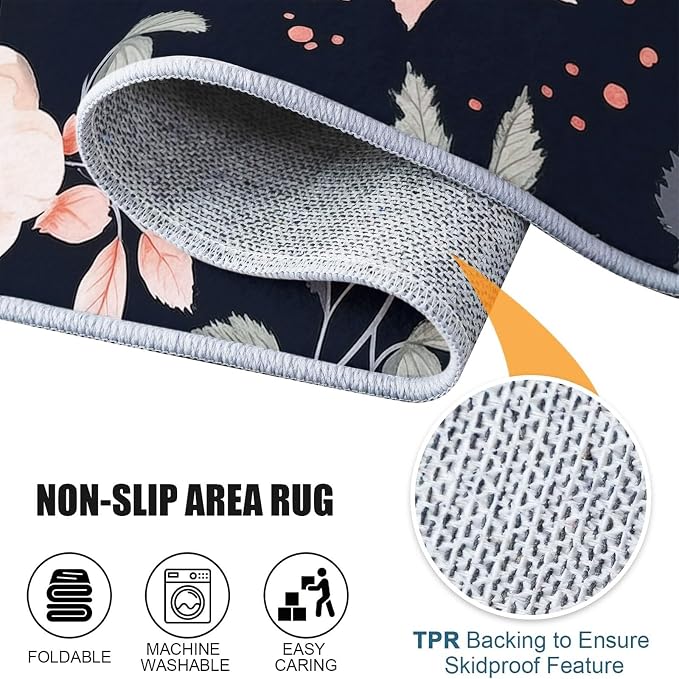 Area Rugs for Living Room, 5x6 Washable Rug Black Soft Low Pile Non-Slip Carpet Stain Resistant Carpets for Bedroom Dining Room Farmhouse Nursery, Retro Branches and Leaves Elegant Flowers
