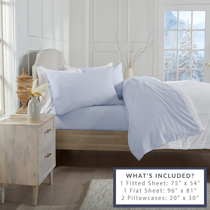 Market & Place 100% Turkish Cotton Flannel Sheet Set | 4 Piece Deep Pocket Solid Cozy Winter Bed Sheets | Double Brushed for Extra Softness & Comfort | Chalet Collection (Full, Light Blue)