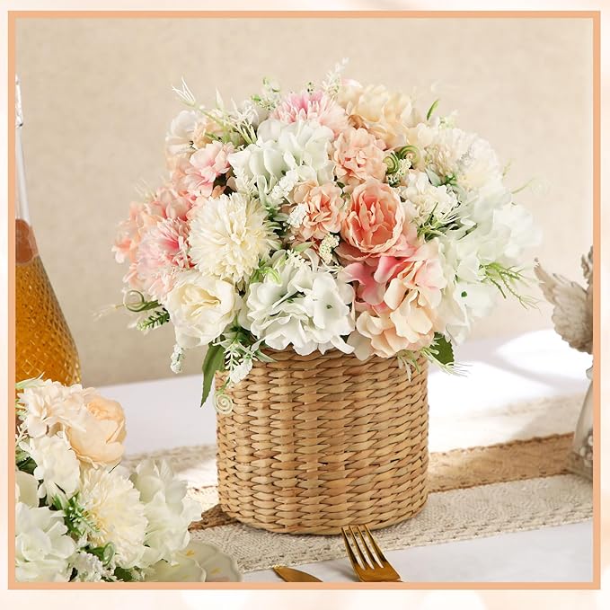Tigeen Artificial Flowers Artificial Peonies Silk Flowers Faux Peony Fake Peony Silk Hydrangea Bouquet for Wedding Table Centerpiece Floral Vase Decor(White,Pink,6 Bundles)