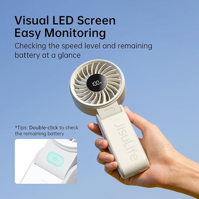 JISULIFE Handheld Fan Life7 – Ultimate Flexibility: High-Power Motor, LED Display, 3600mAh Rechargeable, 5-Speed, Foldable Design, 3-IN-1 Portable Hand/Desk/Neck Fan for Travel, Gift for Women (Grey)