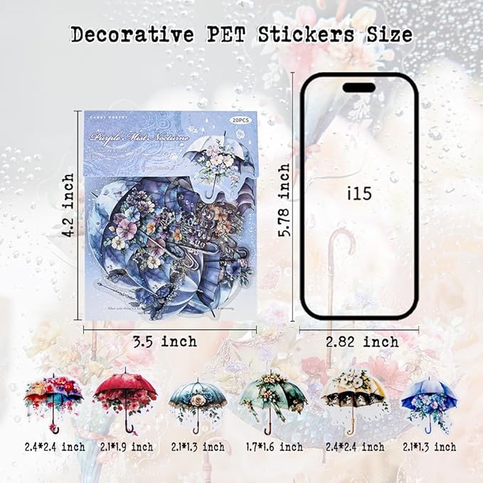 Dwpetzo 120Pcs Aesthetic Scrapbook Stickers for Scrapbooking, 6 Assorted Set Watercolor Umbrella Floral Decorative PET Stickers for Journaling, Junk Journal Supplies, Bujo, Collage, Craft Arts