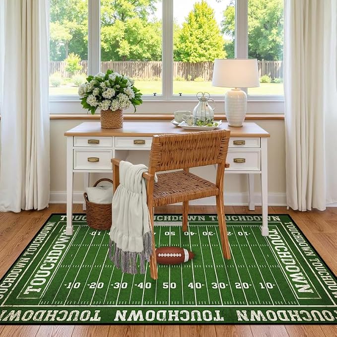 3'x5' Football Field Area Rug Sports Themed Carpet for Nursery Bedroom Playroom Classroom Entryway Living Room Home Decor Non Slip Washable Game Room Play Mat