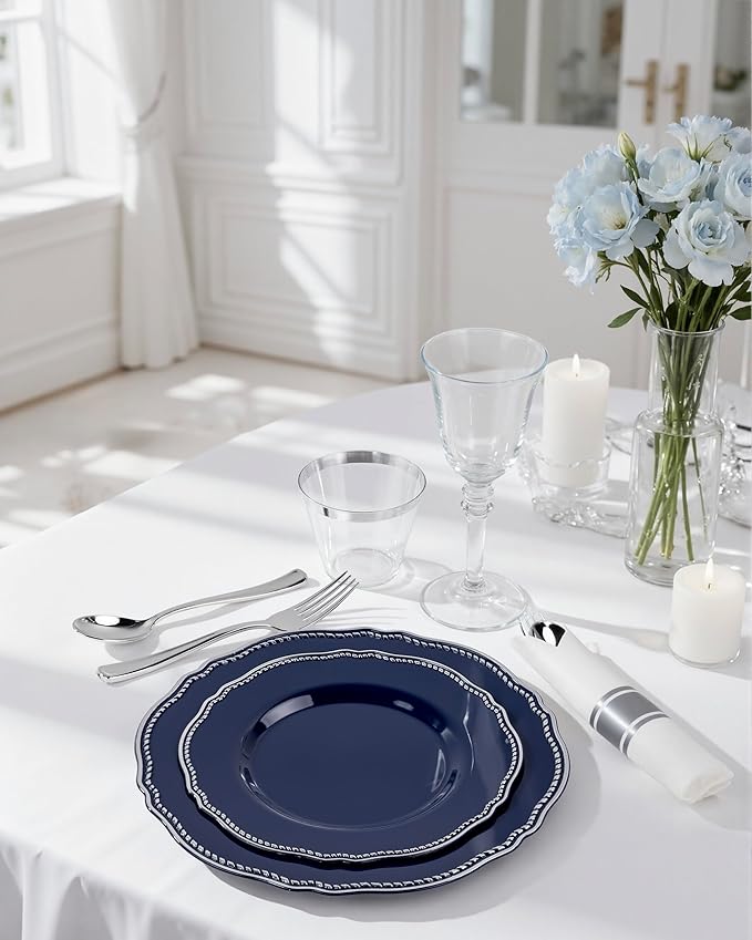 Hioasis 350pcs Blue Silver Plastic Plates - Silver Plastic Dinnerware Set Includes 50 Dinner Plates, 50 Dessert Dinnerware, 50 Cups, 50 Napkins Perfect for Wedding & Party