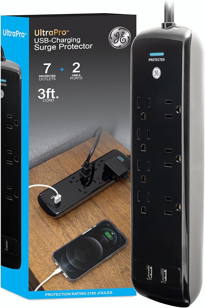 GE 37054 Pro Surge Protector, 7 Outlets + 2 USB, 1780J, 3' Cord, 2.1A, Black